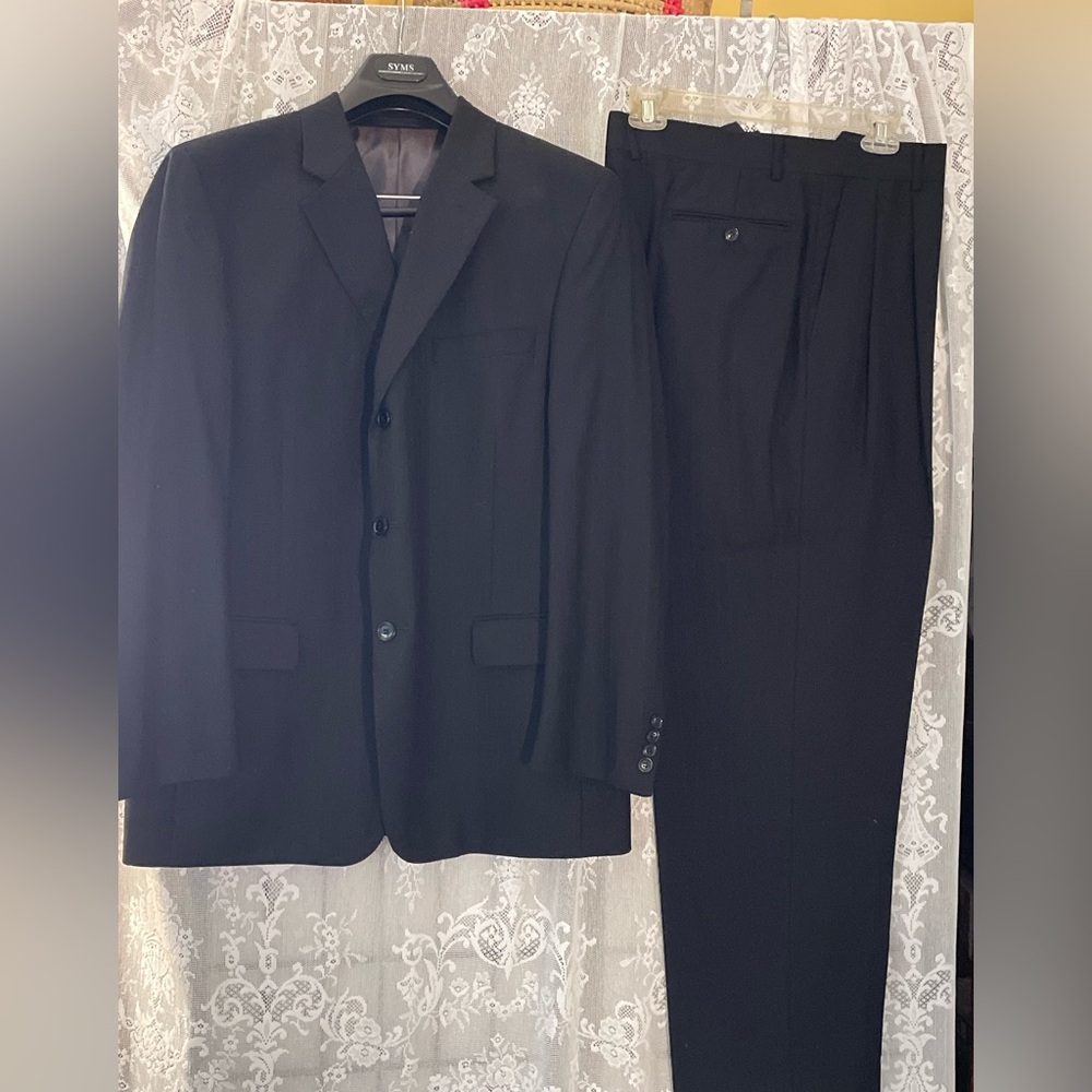 1990’s Black PinStripe Man’s Suit:  Oleg Casini, light weight 100% W.Wool, 43R